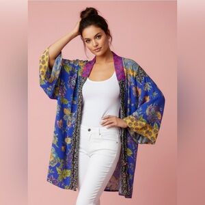 Vintage 90s Multicolored on Blue- True Patchwork Kimono Jacket - Carol Little